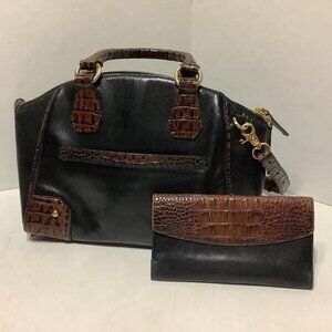 Brahmin Tuscan Black Leather & Brown Croc Double Handle Crossbody Purse w/Wallet